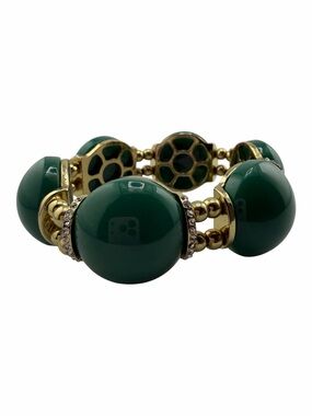 Emerald Green Cabochon Stretch Bracelet Gold Tone Rhinestone Statement Jewelry